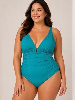 Bleu Rod Beattie Teal One Piece Swimsuit Size 14 NWT Ruched Tummy Control Plunge